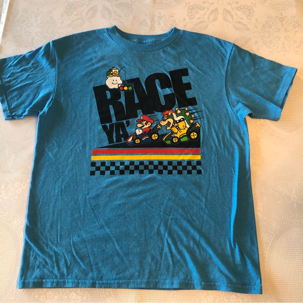 Mario Kart Boys Size M Blue T-Shirt Graphic Pattern Short Sleeves Casual Shirt